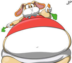 Size: 1236x1078 | Tagged: suggestive, artist:juacoproductions, artist:juacoprodx, cream the rabbit (sonic), animal humanoid, fictional species, lagomorph, mammal, rabbit, anthro, humanoid, sega, sonic the hedgehog (series), belly, belly button, belly overhang, bottomwear, brown eyes, carrot, chewing, clothes, cute, digital art, dress, ears, ears laid back, eating, eyelashes, fanart, fat, fat fetish, female, fetish, food, fur, multicolored body, multicolored fur, panties, ribbon, solo, solo female, suggestive eating, underwear, vegetables, wide eyes