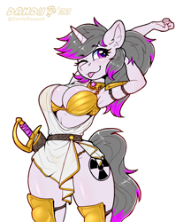 Size: 1884x2280 | Tagged: safe, artist:dandy, oc, oc only, oc:hazel radiate, equine, fictional species, mammal, pony, unicorn, anthro, 2024, absolute cleavage, armor, belt, blushing, bra, breasts, cleavage, clothes, commission, ear fluff, ears, eyebrow through hair, eyebrows, female, fluff, gold, hair, horn, looking at you, one eye closed, panties, ponytail, simple background, solo, stretching, sword, toga, tongue, tongue out, unconvincing armor, underwear, weapon, white background, winking