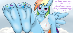 Size: 1000x450 | Tagged: suggestive, artist:hail2dsparkzone, rainbow dash (mlp), equine, fictional species, mammal, pegasus, pony, anthro, friendship is magic, hasbro, my little pony, anthrofied, breasts, female, fetish, foot fetish, foot focus, foot pov, soles, text, toes