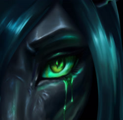Size: 2258x2207 | Tagged: safe, artist:polnocnykot, queen chrysalis (mlp), arthropod, changeling, changeling queen, equine, fictional species, mammal, pony, friendship is magic, hasbro, my little pony, 2024, angry, bust, changeling slime, close-up, crying, dark background, dark skin, digital art, ears, evil, eyebrows, eyelashes, eyeshadow, female, female focus, g4, glowing, glowing eyes, green eyes, looking at you, makeup, mare, night, portrait, skin, solo, solo focus, tears, tears of anger, teary eyes, torn ear