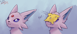 Size: 1250x556 | Tagged: safe, artist:mralbafox, eeveelution, espeon, fictional species, mammal, feral, nintendo, pokémon, 2022, ambiguous gender, cheese, cheese slap, dairy products, food, looking up, meme, signature, simple background, slap