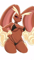 Size: 1152x2048 | Tagged: suggestive, artist:sayuraa101, fictional species, lopunny, mammal, anthro, nintendo, pokémon, 2024, arm fluff, belly button, bikini, black sclera, breasts, clothes, colored sclera, digital art, ear fluff, ears, eyelashes, female, fluff, fur, nipple outline, pink nose, simple background, solo, solo female, swimsuit, tail, thighs, white background, wide hips