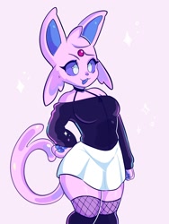 Size: 1500x2000 | Tagged: safe, artist:mistysnugglebug, eeveelution, espeon, fictional species, mammal, anthro, nintendo, pokémon, 2022, belly button, black nose, bottomwear, breasts, clothes, digital art, ears, eyelashes, female, fishnet, fishnet stockings, fur, hair, legwear, see-through, shirt, simple background, skirt, solo, solo female, stockings, tail, thighs, topwear, wide hips