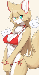 Size: 1039x2000 | Tagged: safe, artist:korfiorano01, canine, dog, mammal, anthro, 2024, belly button, bikini, breasts, cleavage, clothes, digital art, ears, eyelashes, female, fur, hair, simple background, solo, solo female, swimsuit, tail, thighs, white background, wide hips