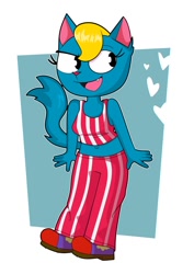 Size: 848x1199 | Tagged: safe, artist:golkeyx, cat, feline, mammal, anthro, belly button, blonde hair, blue body, blue fur, cat ears, cat tail, clothes, crop top, eyelashes, female, fur, hair, heart, katy kat (parappa the rapper), midriff, pinstripes, simple background, solo, solo female, striped pants, tank top, topwear, white background