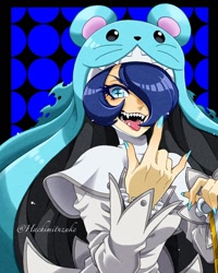 Size: 1440x1800 | Tagged: safe, artist:pickledhoneylemon, fictional species, humanoid, digimon, 2022, :d, abstract background, blue eyes, blue hair, bust, clothes, devil horns (gesture), eyelashes, fangs, female, hair, hair over one eye, hat, headwear, nail polish, sharp teeth, signature, sistermon ciel, smiling, solo, solo female, teeth, tongue, wingding eyes