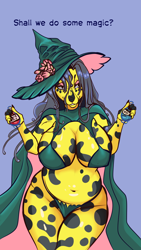 Size: 972x1728 | Tagged: suggestive, artist:amber_wind, amphibian, canine, dog, frog, hybrid, mammal, anthro, 2024, belly button, bikini, breasts, cape, clothes, digital art, ears, eyelashes, female, fur, hair, hat, headwear, huge breasts, scales, simple background, slightly chubby, solo, solo female, swimsuit, tail, thighs, wide hips, witch hat