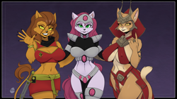 Size: 2276x1280 | Tagged: suggestive, artist:yawg, empress jasana (master of orion), jenny (bucky o'hare), m'ress (star trek), cat, feline, mammal, anthro, bucky o'hare (series), master of orion, star trek, star trek the animated series, 2024, belly button, bottomwear, breasts, clothes, crop top, digital art, ears, eyelashes, female, females only, fur, hair, loincloth, looking at you, nipple outline, shorts, shoulder pads, simple background, smiling, smiling at you, tail, thighs, topwear, trio, trio female, wide hips
