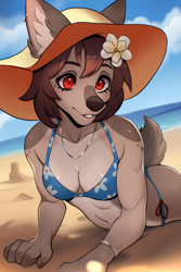 Size: 1570x2347 | Tagged: safe, artist:harukoharuko, oc, oc only, canine, dog, mammal, anthro, 2024, beach, belly button, bikini, breasts, brown hair, cleavage, clothes, detailed background, digital art, ears, eyelashes, female, flower, flower in hair, fur, hair, hair accessory, hat, headwear, looking at you, outdoors, plant, red eyes, solo, solo female, swimsuit, tail, thighs, wide hips