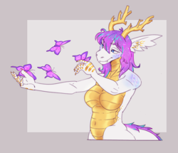 Size: 1400x1205 | Tagged: safe, artist:zowato, oc, oc only, dragon, fictional species, anthro, 2024, antlers, bedroom eyes, belly button, breasts, commission, digital art, dragoness, ears, eyelashes, featureless breasts, female, hair, scales, simple background, solo, solo female, tail, thighs, wide hips