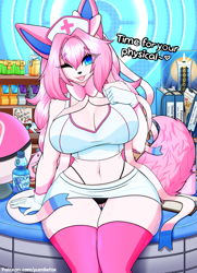 Size: 1541x2125 | Tagged: suggestive, artist:yumiiefox, eeveelution, fictional species, mammal, sylveon, anthro, nintendo, pokémon, 2024, anthrofied, belly button, blue eyes, blue sclera, bottomwear, breasts, cleavage, clothes, colored sclera, crop top, detailed background, digital art, ears, eyelashes, female, fur, hair, huge breasts, legwear, looking at you, one eye closed, open mouth, panties, pink body, pink hair, pink tail, ribbons (body part), shorts, sitting, solo, solo female, stockings, tail, thighs, thong, tongue, topwear, wide hips