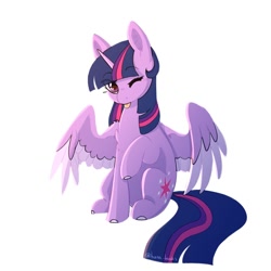 Size: 1280x1280 | Tagged: safe, artist:wolfythewolf555, twilight sparkle (mlp), alicorn, equine, fictional species, mammal, pony, friendship is magic, hasbro, my little pony, :p, chest fluff, colored hooves, cute, ear fluff, female, fluff, g4, hooves, looking at you, mare, one eye closed, simple background, sitting, solo, spread wings, tongue, tongue out, twiabetes, two toned wings, white background, wings