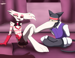 Size: 1800x1400 | Tagged: suggestive, artist:misterfis, angel dust (hazbin hotel), angel, arthropod, cat, feline, fictional species, mammal, hazbin hotel, blindfolded, dominant, dominant male, fetish, foot fetish, foot focus, foot on face, foot slave, foot worship, humiliation, male, males only, smelling, submissive, submissive male, tied hands, toes