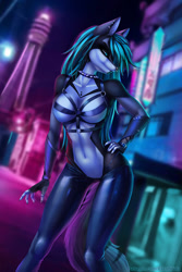 Size: 666x1000 | Tagged: suggestive, artist:elvofirida, oc, oc only, canine, mammal, wolf, anthro, 2019, belly button, bikini, bottomwear, breasts, clothes, detailed background, digital art, ears, eyelashes, female, fur, hair, hand on hip, pants, solo, solo female, swimsuit, tail, thighs, wide hips