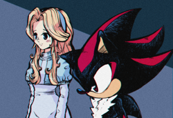Size: 1500x1025 | Tagged: safe, artist:nanobutts, maria robotnik (sonic), shadow the hedgehog (sonic), hedgehog, human, mammal, sega, sonic the hedgehog (series), 2021, black body, black fur, blue eyes, bottomwear, clothes, dress, duo, duo male and female, female, fur, hair, hairband, long hair, looking to the side, male, multicolored body, multicolored fur, red body, red eyes, red fur, sidelocks, simple background, smiling, two toned body, two toned fur, yellow hair