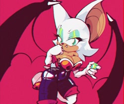 Size: 1457x1224 | Tagged: safe, artist:nanobutts, rouge the bat (sonic), bat, mammal, sega, sonic the hedgehog (series), 2021, bat wings, bodysuit, boots, breasts, chaos emerald, cleavage, clothes, eyelashes, eyeshadow, female, footwear, fur, gem, gloves, green eyes, high heel boots, high heels, looking at you, makeup, shoes, simple background, smiling, solo, solo female, teeth, tight clothing, webbed wings, white body, white fur, wings