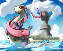 Size: 1060x864 | Tagged: safe, artist:ozoneserpent, dragon, fictional species, milotic, feral, semi-anthro, nintendo, pokémon, 2014, ambiguous gender, ambiguous only, commission, detailed background, digital art, duo, duo ambiguous, ears, island, lighthouse, ocean, scales, swimming, tail, thighs, water