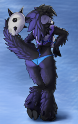 Size: 580x910 | Tagged: safe, artist:ozoneserpent, oc, oc only, canine, deer, hybrid, mammal, wolf, anthro, unguligrade anthro, 2014, bikini, breasts, butt, clothes, detailed background, digital art, doe, ears, eyelashes, female, fur, hair, hooves, looking at you, looking back, looking back at you, rear view, sideboob, solo, solo female, swimsuit, tail, thighs, wide hips