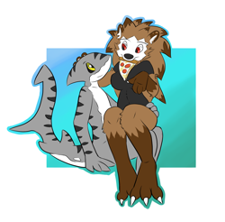 Size: 900x885 | Tagged: safe, artist:ozoneserpent, oc, oc only, fish, hedgehog, mammal, shark, anthro, digitigrade anthro, 2013, anthro/anthro, breasts, clothes, digital art, duo, duo male and female, ears, eyelashes, female, fins, fish tail, fur, hair, male, male/female, scales, shark tail, shirt, simple background, tail, thighs, topwear, wide hips