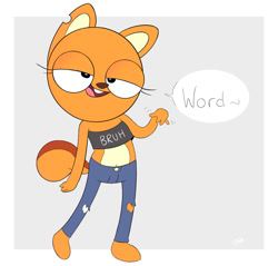 Size: 1200x1146 | Tagged: safe, artist:vdk600, mammal, rodent, squirrel, semi-anthro, disney, bruh, clothes, edgy, english text, female, jeans, kiff (series), kiff chatterley (kiff), pants, ripped jeans, ripped pants, solo, solo female, text, torn clothes, young