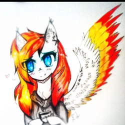 Size: 605x605 | Tagged: safe, artist:hysteriana, oc, oc only, equine, fictional species, mammal, pegasus, pony, feral, 1:1, clothes, coffee, drink, female, hoodie, solo, solo female, topwear, wings
