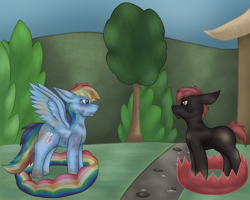 Size: 2000x1601 | Tagged: safe, rainbow dash (mlp), oc, earth pony, equine, fictional species, mammal, pegasus, pony, feral, friendship is magic, hasbro, my little pony, bruised, clip studio, commission, digital art, duo, female, fighting, male, scratches, semi-grimdark