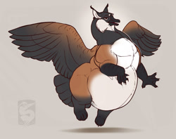 Size: 1500x1185 | Tagged: safe, artist:thebombird, oc, oc:gabrielle (thebombird), bird, feline, fictional species, goose, gryphon, lynx, mammal, waterfowl, feral, beak, fat, feathers, female, huge belly, obese, solo, solo female, tail, tail feathers, wings
