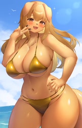 Size: 1322x2048 | Tagged: safe, artist:kemonoyou, canine, dog, mammal, anthro, beach, bikini, blushing, breasts, female, gold bikini, huge breasts, solo, solo female, tail, thick thighs, thighs, wide hips