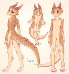 Size: 1909x2048 | Tagged: safe, artist:yshanii, oc, oc:cotton (yshanii), fictional species, kobold, reptile, anthro, 2024, featureless crotch, female, flat chest, horns, paws, solo, solo female, species swap, tail
