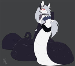 Size: 1280x1120 | Tagged: safe, artist:sepisnake, loona (vivzmind), canine, fictional species, hellhound, mammal, reptile, snake, anthro, lamia, hazbin hotel, helluva boss, 2024, bottomwear, clothes, female, lamiafied, scales, skirt, solo, solo female, species swap, tail, topwear