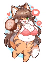 Size: 1037x1440 | Tagged: safe, artist:missaka_, oc, oc only, oc:狐虎猫, big cat, feline, mammal, tiger, anthro, 2024, bikini, breasts, chibi, clothes, fat, female, fluff, food, huge breasts, meat, neck fluff, obese, one eye closed, solo, solo female, swimsuit, tail, thick thighs, thighs, wide hips