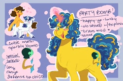 Size: 1700x1125 | Tagged: safe, artist:yeetingmyself, cheese sandwich (mlp), shining armor (mlp), oc, oc only, oc:party bomb, earth pony, equine, fictional species, mammal, pony, unicorn, feral, friendship is magic, hasbro, my little pony, 2024, crack shipping, female, glowing, glowing horn, hair, horn, magical gay spawn, mane, mare, offspring, parent:cheese sandwich (mlp), parent:shining armor (mlp), solo, solo female, tail