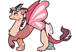 Size: 1180x820 | Tagged: safe, artist:awfrickity_, oc, oc only, oc:hullabaloo (awfrickity), draconequus, fictional species, feral, friendship is magic, hasbro, my little pony, 2024, interspecies offspring, nonbinary, offspring, parent:discord (mlp), parent:fluttershy (mlp), parents:fluttercord (mlp), simple background, smiling, solo, solo nonbinary, white background, wings