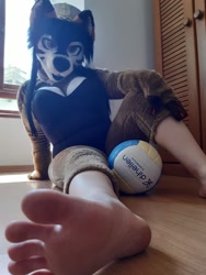Size: 960x1280 | Tagged: suggestive, artist:thaismotosuwa, canine, mammal, wolf, ball, breasts, feet, female, fetish, foot fetish, foot focus, foot pov, fursuit, human feet, irl, photo, sole, toes, volleyball