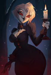 Size: 1582x2328 | Tagged: safe, artist:ombelico, bird, bird of prey, owl, anthro, bottomwear, breasts, candle, cleavage, clothes, dress, female, lidded eyes, looking at you, outdoors, pendant, red eyes, smiling, smiling at you, solo, solo female