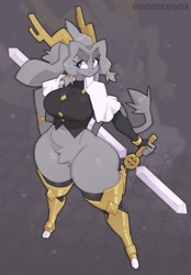 Size: 910x1307 | Tagged: safe, artist:doodledox, sybil (pseudoregalia), fictional species, jackalope, lagomorph, mammal, anthro, pseudoregalia, 2024, antlers, big breasts, bracelet, breasts, clothes, featureless crotch, female, fluff, frowning, hand on hip, jewelry, legwear, looking at you, nudity, partial nudity, pubic fluff, solo, solo female, sword, thick thighs, thigh highs, thighs, topwear, unconvincing armor, weapon