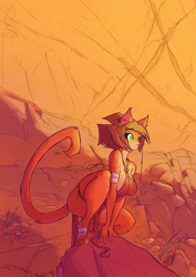 Size: 827x1169 | Tagged: safe, artist:jollyjack, cat, feline, mammal, anthro, 2024, arm wraps, breasts, butt, clothes, female, foot wraps, loincloth, midriff, outdoors, sideboob, solo, solo female, tribal outfit, wraps