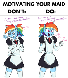 Size: 2658x3068 | Tagged: safe, artist:moonatik, rainbow dash (mlp), equine, fictional species, mammal, pegasus, pony, anthro, friendship is magic, hasbro, my little pony, 2024, anthrofied, apron, bottomwear, clothes, dress, evening gloves, excited, female, g4, gloves, grumpy, hair, high res, long gloves, maid, mane, mare, ponytail, rainbow hair, rainbow mane, reverse psychology, socks, solo, solo female, tomboy