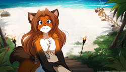 Size: 2240x1280 | Tagged: safe, artist:twokinds, laura (twokinds), canine, fictional species, fox, keidran, mammal, anthro, twokinds, beach, nudity, offscreen character, pov, solo