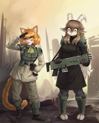 Size: 1080x1350 | Tagged: safe, artist:d4ncwart, oc, oc only, oc:adeline (okaliz), bovid, cat, feline, goat, mammal, anthro, humanoid, warhammer, warhammer 40k, 2024, assault rifle, blep, breasts, confused, duo, duo male and female, female, femboy, gun, hair, hair band, horizontal pupils, horns, looking at you, male, one eye closed, outdoors, rifle, salute, shoulder pads, tactical gear, tongue, tongue out, weapon, winking