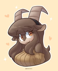 Size: 1257x1530 | Tagged: safe, artist:buttercolors, oc, oc:adeline (okaliz), bovid, goat, mammal, anthro, breasts, clothes, female, hair, hair band, horizontal pupils, horns, looking at you, smiling, smiling at you, solo, solo female, sweater, topwear