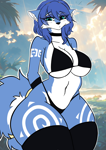 Size: 1614x2283 | Tagged: safe, artist:andromeda-james, krystal (star fox), canine, fox, mammal, anthro, nintendo, star fox, 2024, absolute cleavage, arms behind back, big breasts, bikini, breasts, choker, cleavage, clothes, female, legwear, lidded eyes, looking at you, midriff, outdoors, solo, solo female, swimsuit, thigh highs