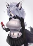 Size: 1000x1405 | Tagged: suggestive, artist:cocicka, loona (vivzmind), canine, fictional species, hellhound, mammal, anthro, hazbin hotel, helluva boss, 2024, belly button, belly button piercing, big breasts, bottomwear, breasts, cell phone, clothes, colored sclera, crop top, detailed background, digital art, ears, eyelashes, female, fur, hair, hair over one eye, nipple outline, panties, phone, piercing, red sclera, simple background, skirt, smartphone, solo, solo female, tail, thighs, thong, topwear, white background, wide hips