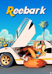 Size: 1614x2283 | Tagged: safe, artist:fox-popvli, oc, oc only, canine, fox, mammal, anthro, 2024, beach, belly button, bikini, breasts, car, clothes, commission, detailed background, digital art, ears, eyelashes, female, footwear, fur, hair, lamborghini, palm tree, plant, pose, shoes, solo, solo female, swimsuit, tail, thighs, tree, vehicle, vixen, wide hips