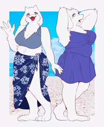 Size: 1676x2048 | Tagged: safe, artist:miz7xf, toriel (undertale), bovid, goat, mammal, anthro, undertale, 2024, beach, big breasts, bikini, breasts, clothes, female, horns, sarong, solo, solo female, swimsuit, thick thighs, thighs, wide hips