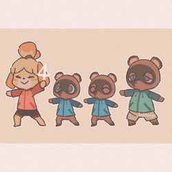Size: 600x600 | Tagged: safe, artist:bellhenge, isabelle (animal crossing), timmy nook (animal crossing), tom nook (animal crossing), tommy nook (animal crossing), canine, dog, mammal, procyonid, raccoon, animal crossing, nintendo, 2024, blue eyes, blushing, bottomwear, box, clothes, container, eyelashes, female, full body, fur, group, hair, half closed eyes, jacket, male, notice me senpai, number, ponytail, shorts, signature, simple background, smiling, topwear, yellow body, yellow fur