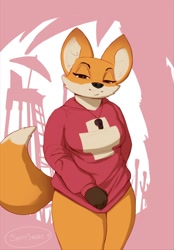 Size: 1000x1438 | Tagged: safe, artist:thesniffsnorf, oc, oc:lucy (thesniffsnorff), canine, fox, mammal, anthro, 2024, bottomless, breasts, clothes, female, hoodie, nudity, partial nudity, solo, solo female, tail, topwear, wide hips