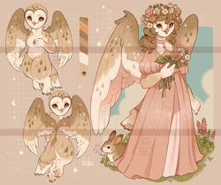 Size: 2048x1716 | Tagged: safe, artist:archieboy_aqu, bird, bird of prey, owl, anthro, beak, bottomwear, clothes, dress, feathers, female, reference sheet, solo, solo female, wings
