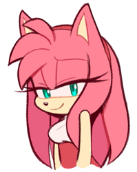 Size: 417x523 | Tagged: safe, alternate version, artist:toonsite, amy rose (sonic), hedgehog, mammal, sega, sonic the hedgehog (series), 2023, bottomwear, clothes, dress, eyelashes, female, fur, green eyes, hair, hairband, half closed eyes, long hair, looking at you, pink body, pink fur, simple background, smiling, solo, solo female