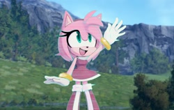 Size: 1900x1199 | Tagged: safe, artist:toonsite, amy rose (sonic), hedgehog, mammal, sega, sonic frontiers, sonic the hedgehog (series), 2022, boots, bottomwear, clothes, dress, eyelashes, female, footwear, forest, fur, gloves, gold bracelet, green eyes, hair, hairband, mountain, open mouth, open smile, pink body, pink fur, plant, shoes, smiling, solo, solo female, tree
